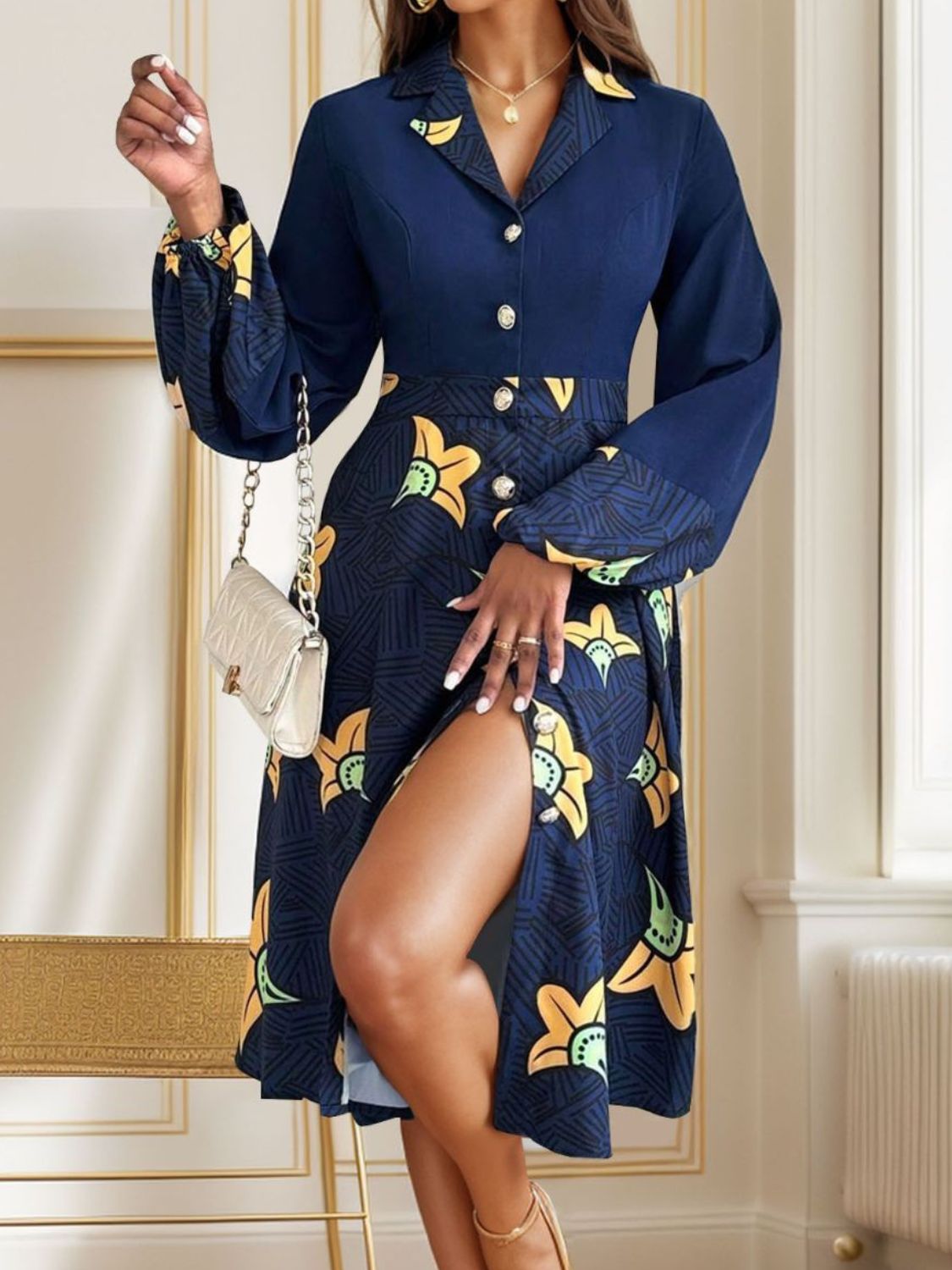 Printed Collared Neck Long Sleeve Dress - Flip Flop Dynasty