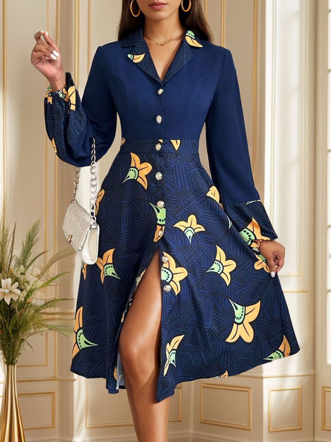 Printed Collared Neck Long Sleeve Dress - Flip Flop Dynasty