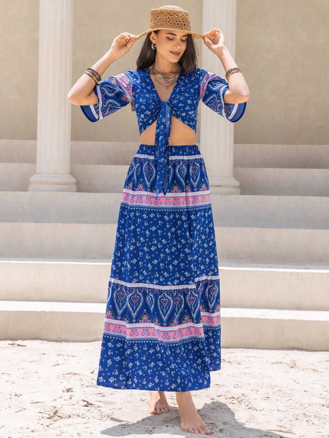 Printed Flutter Sleeve Top and Skirt Set - Flip Flop Dynasty