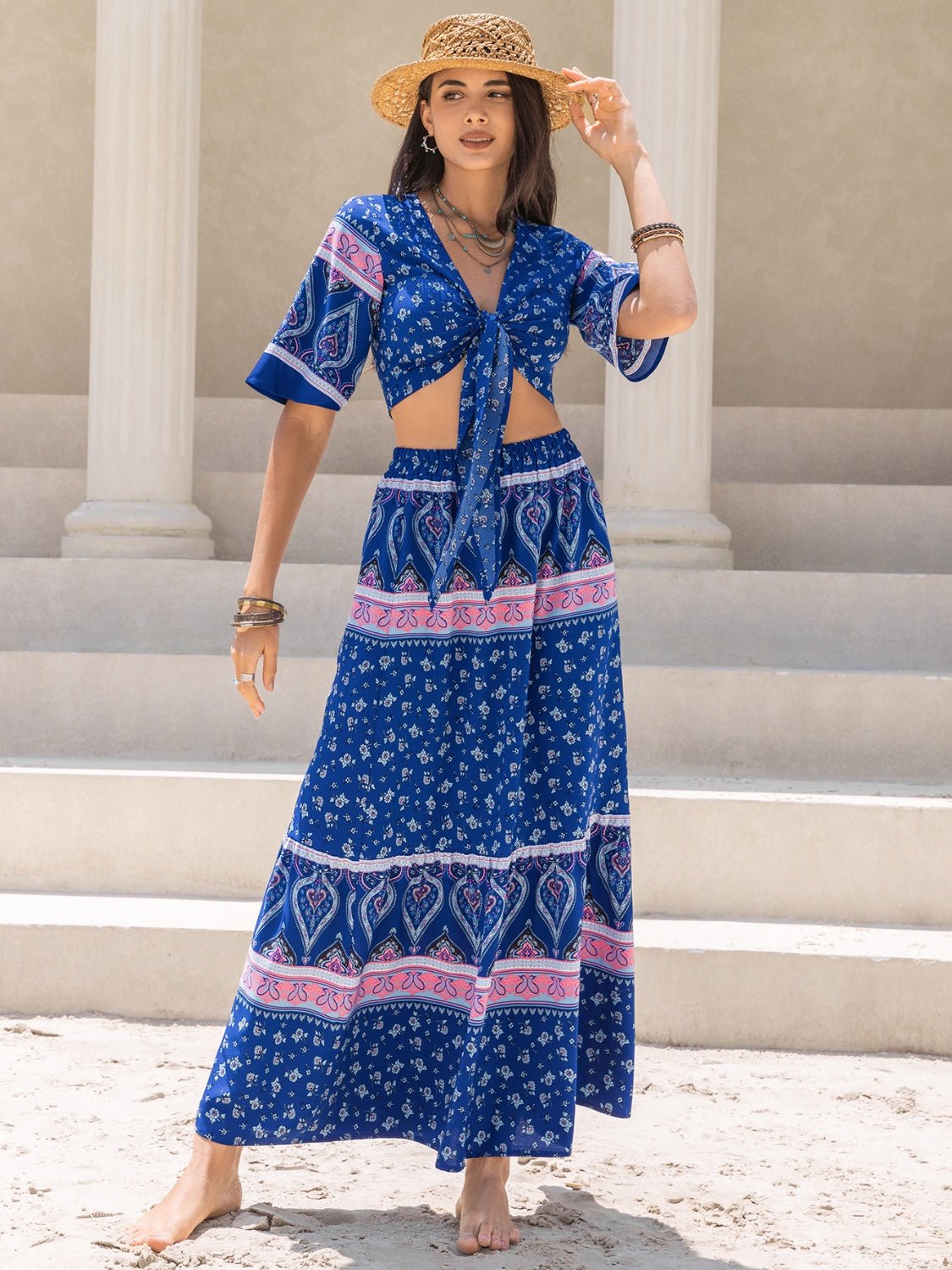 Printed Flutter Sleeve Top and Skirt Set - Flip Flop Dynasty