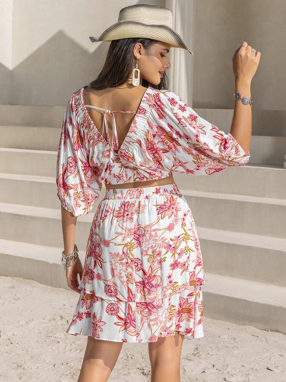 Printed Half Sleeve Top and Layered Skirt Set - Flip Flop Dynasty