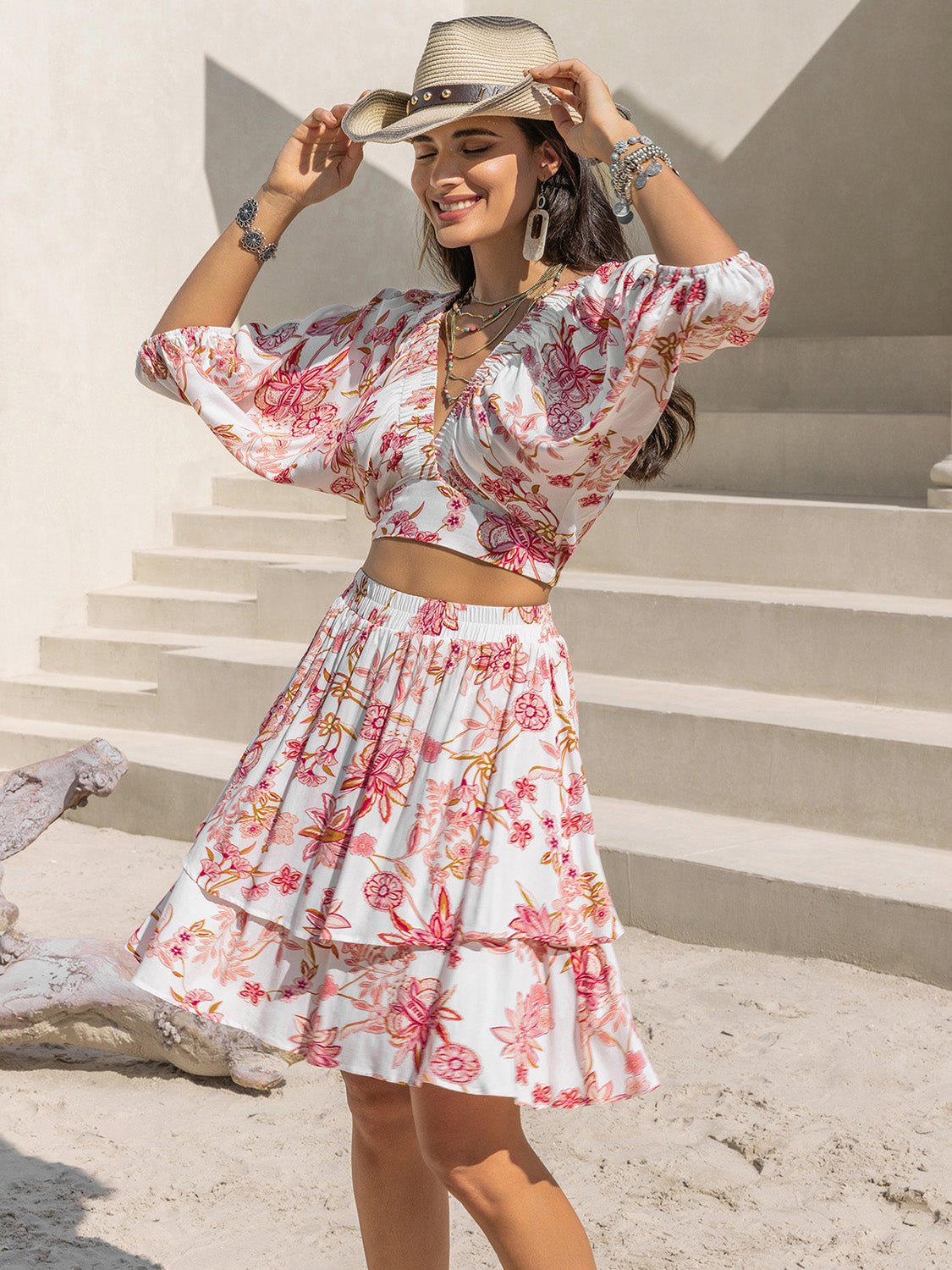 Printed Half Sleeve Top and Layered Skirt Set - Flip Flop Dynasty