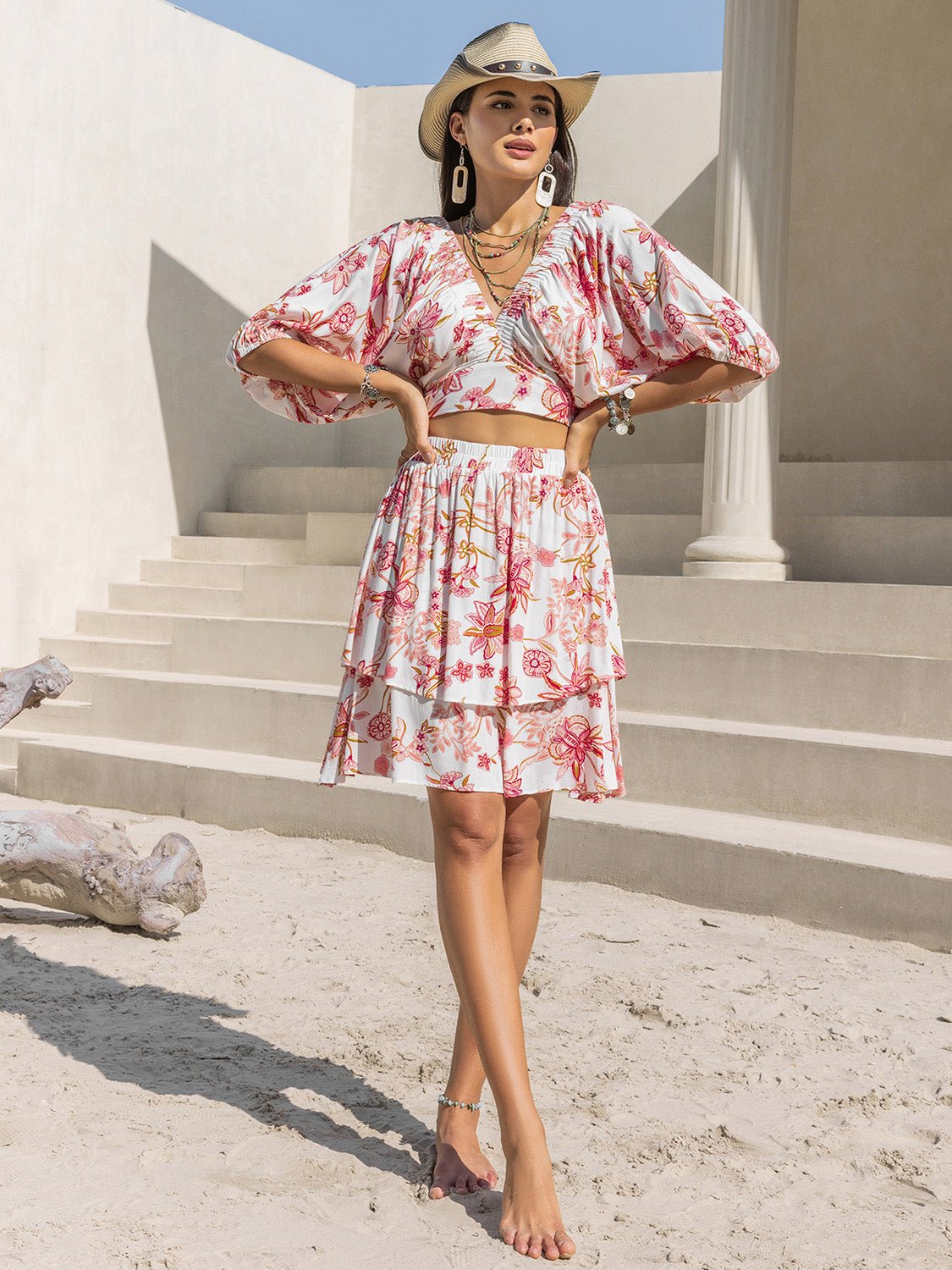 Printed Half Sleeve Top and Layered Skirt Set - Flip Flop Dynasty