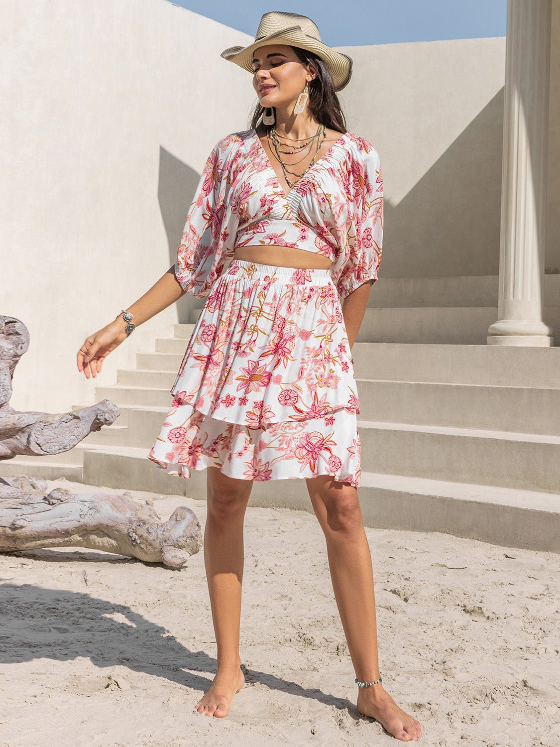 Printed Half Sleeve Top and Layered Skirt Set - Flip Flop Dynasty