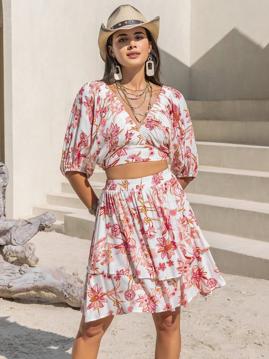 Printed Half Sleeve Top and Layered Skirt Set - Flip Flop Dynasty