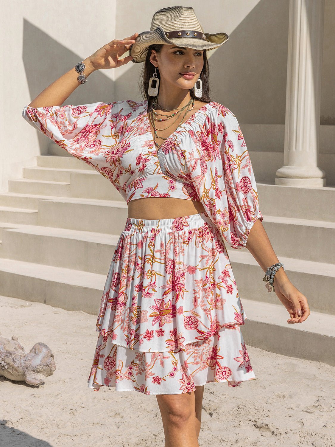 Printed Half Sleeve Top and Layered Skirt Set - Flip Flop Dynasty