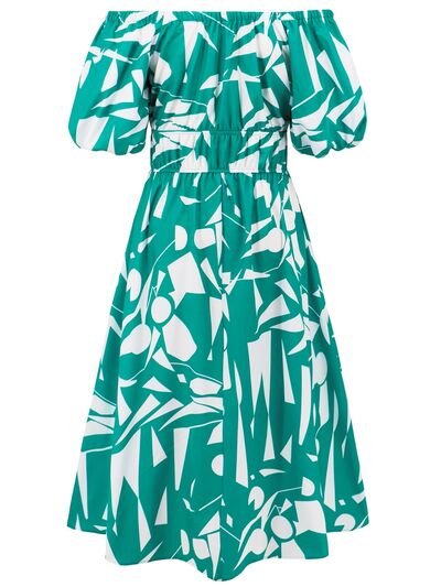 Printed Off - Shoulder Balloon Sleeve Dress - Flip Flop Dynasty