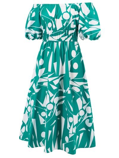 Printed Off - Shoulder Balloon Sleeve Dress - Flip Flop Dynasty