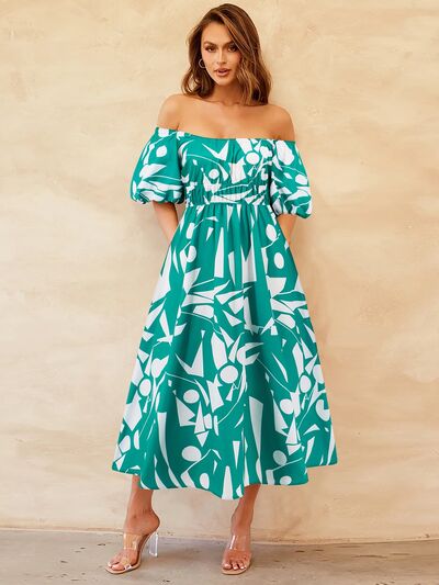 Printed Off - Shoulder Balloon Sleeve Dress - Flip Flop Dynasty