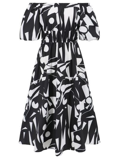 Printed Off - Shoulder Balloon Sleeve Dress - Flip Flop Dynasty