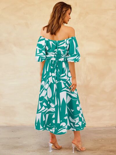 Printed Off - Shoulder Balloon Sleeve Dress - Flip Flop Dynasty