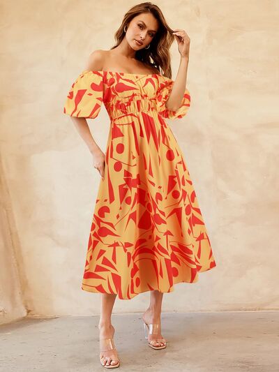 Printed Off - Shoulder Balloon Sleeve Dress - Flip Flop Dynasty