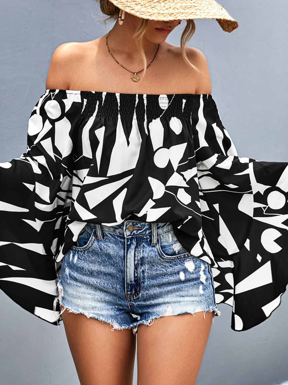 Printed Off - Shoulder Bell Sleeve Blouse - Flip Flop Dynasty