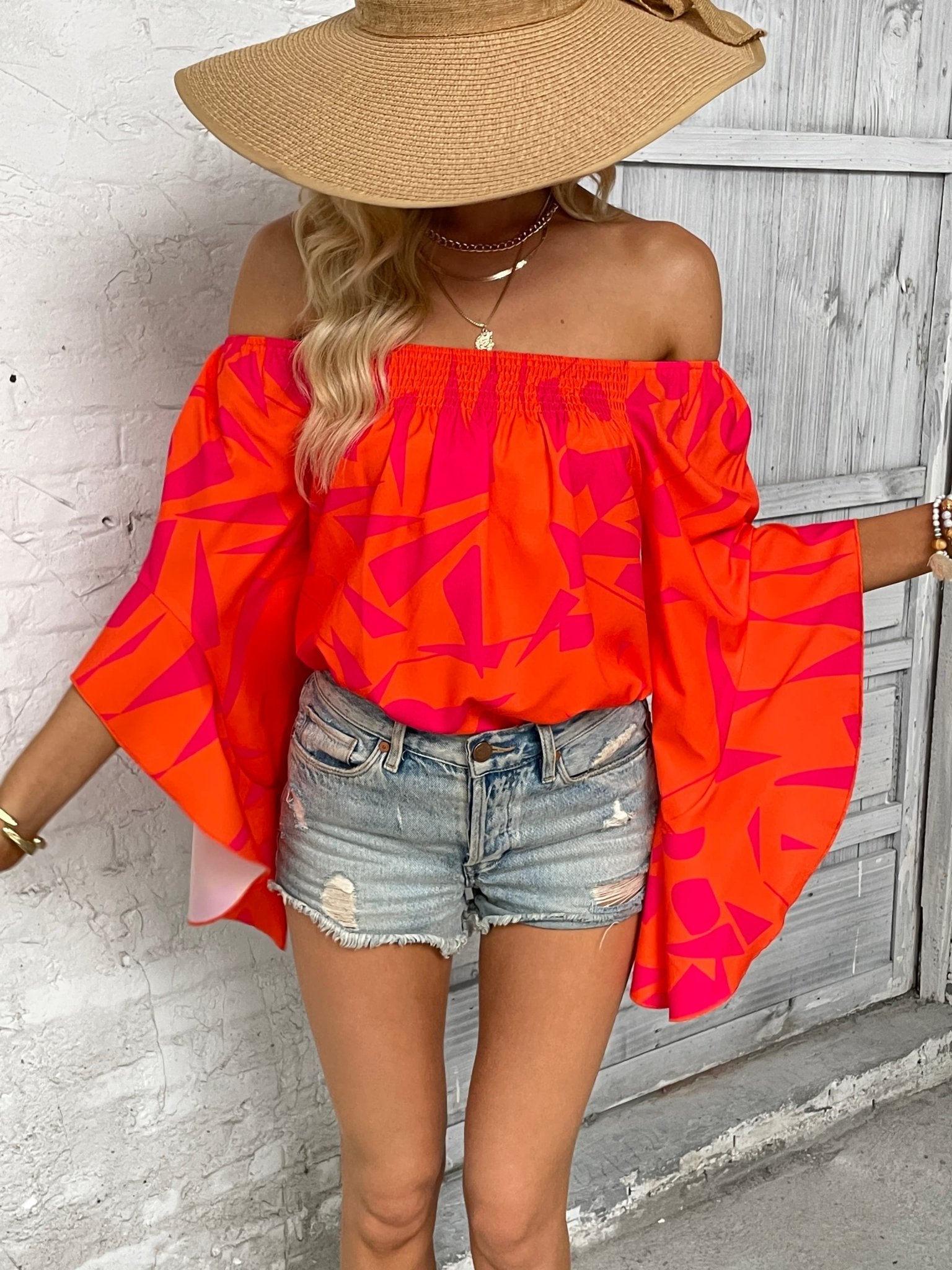 Printed Off - Shoulder Bell Sleeve Blouse - Flip Flop Dynasty