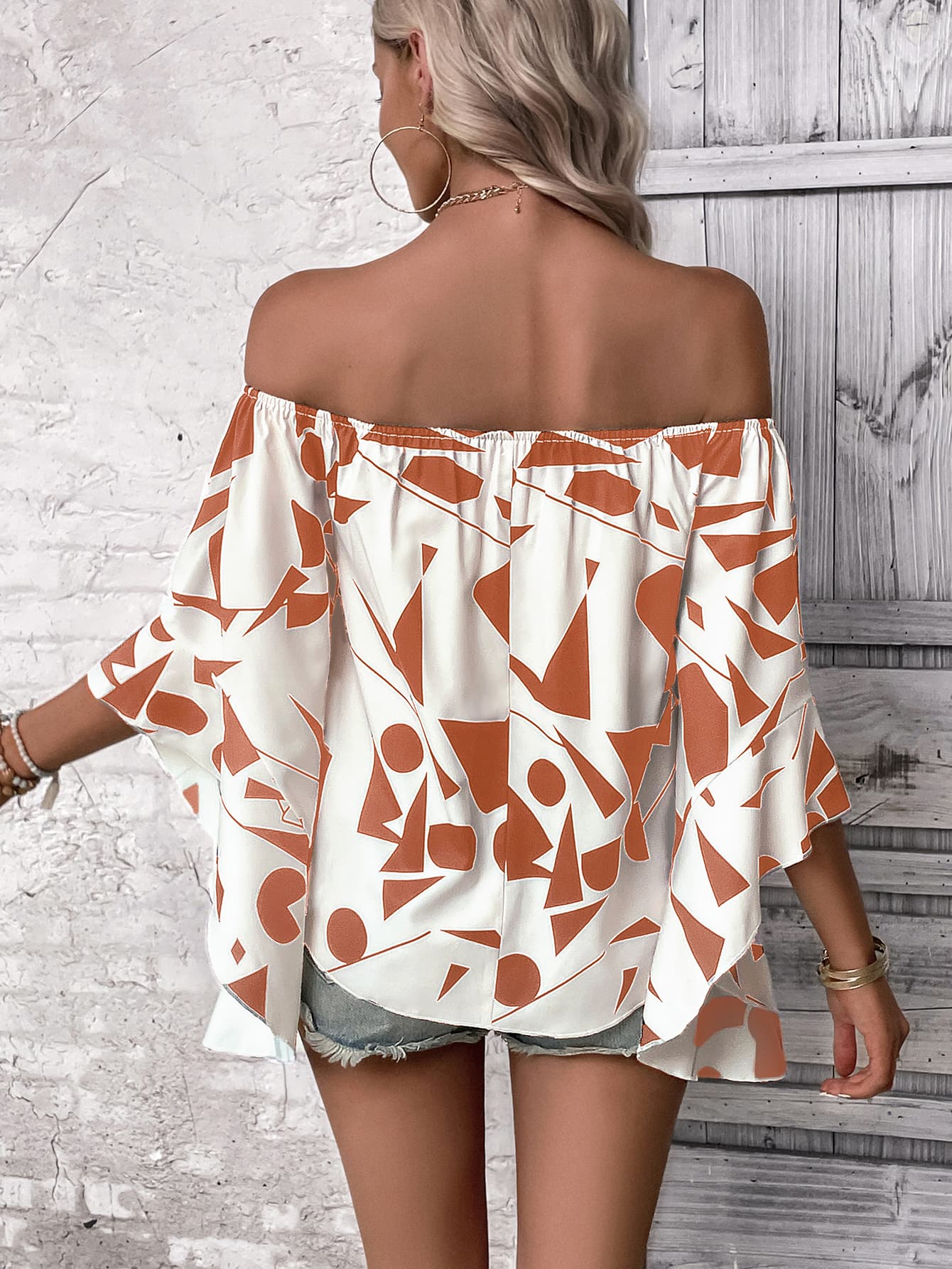 Printed Off - Shoulder Bell Sleeve Blouse - Flip Flop Dynasty