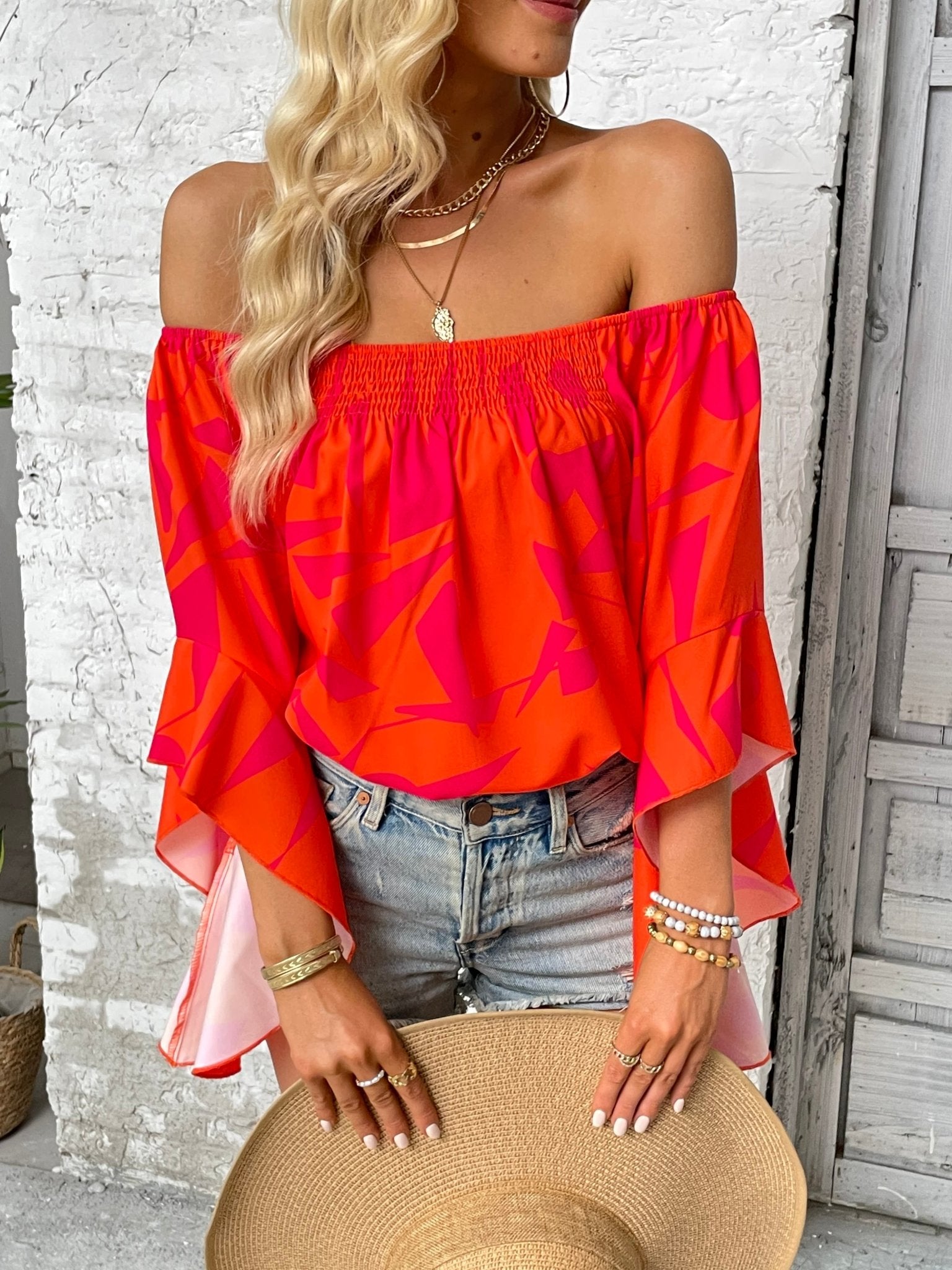 Printed Off - Shoulder Bell Sleeve Blouse - Flip Flop Dynasty