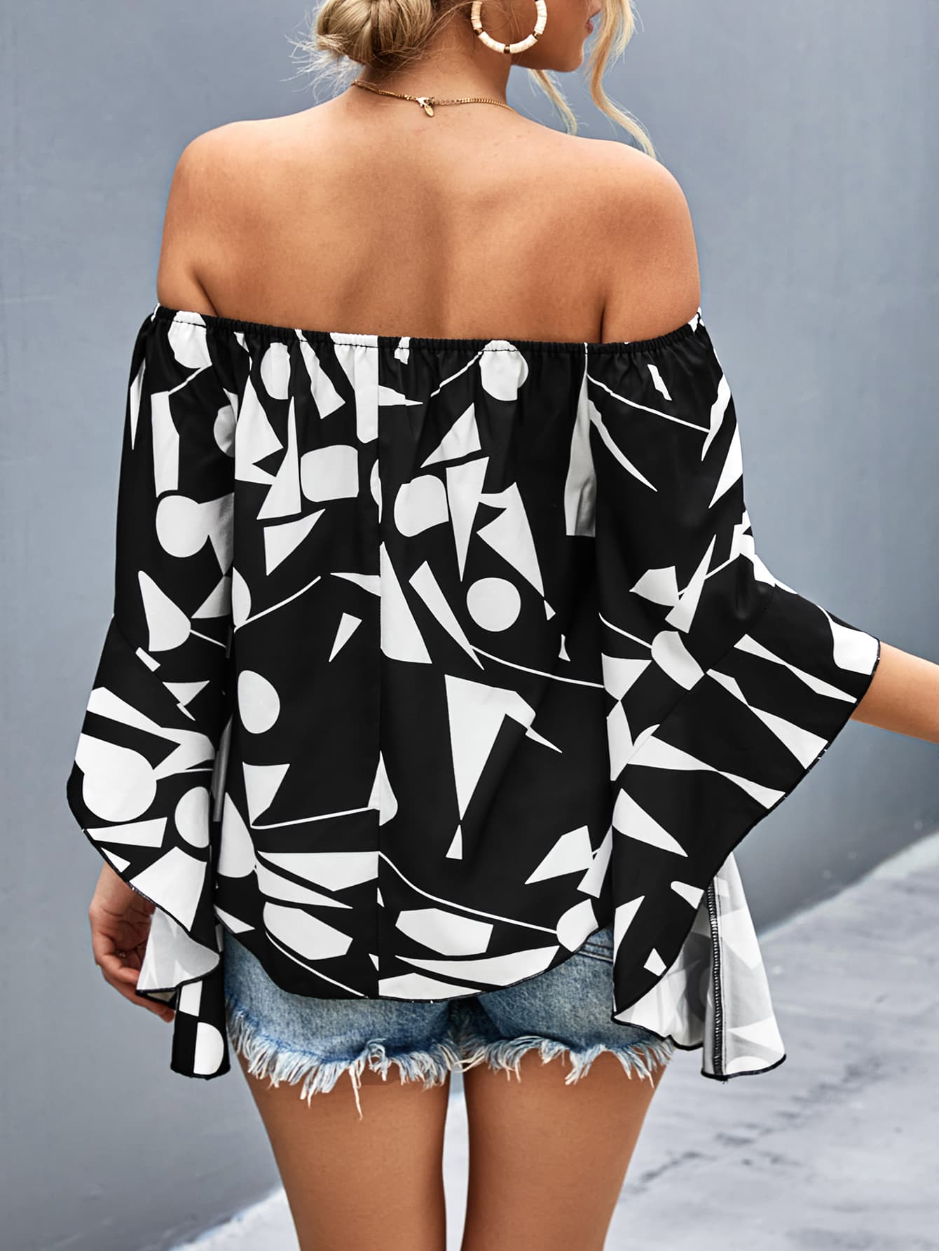 Printed Off - Shoulder Bell Sleeve Blouse - Flip Flop Dynasty