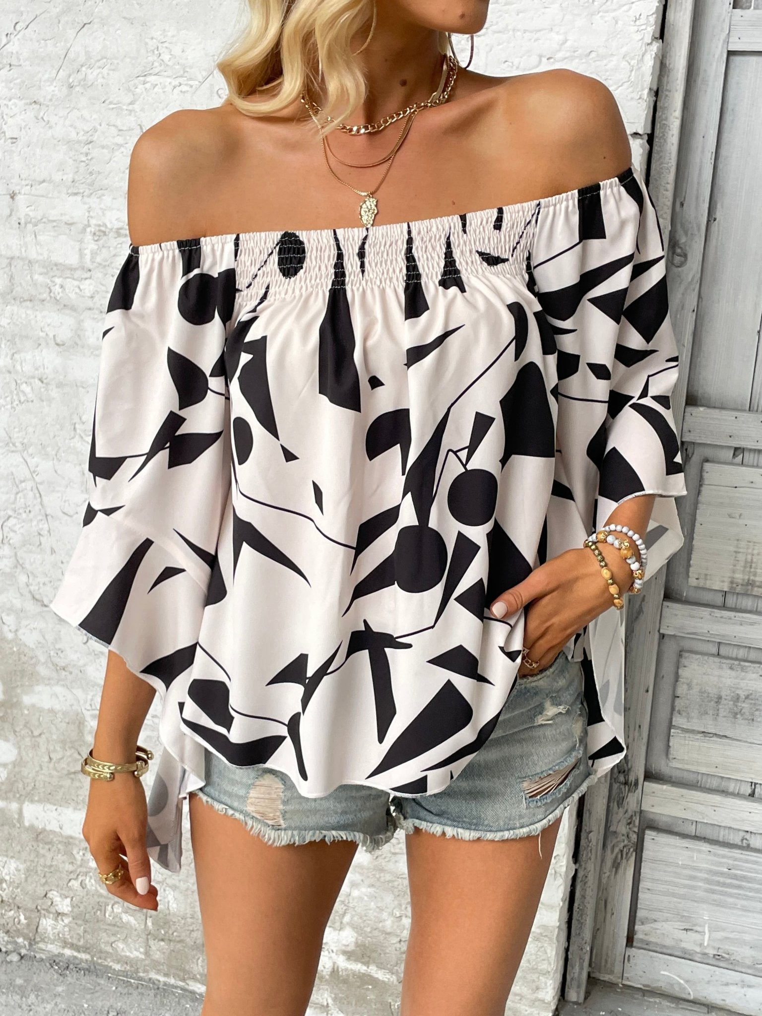 Printed Off - Shoulder Bell Sleeve Blouse - Flip Flop Dynasty