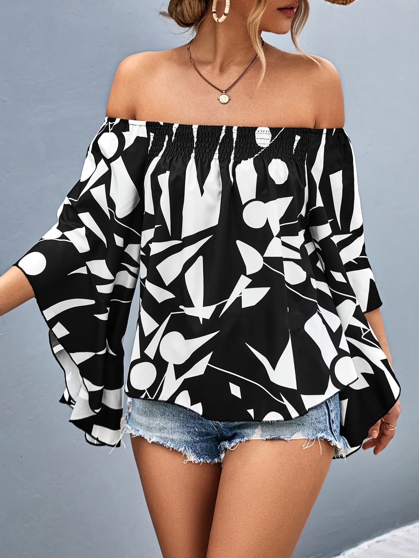 Printed Off - Shoulder Bell Sleeve Blouse - Flip Flop Dynasty