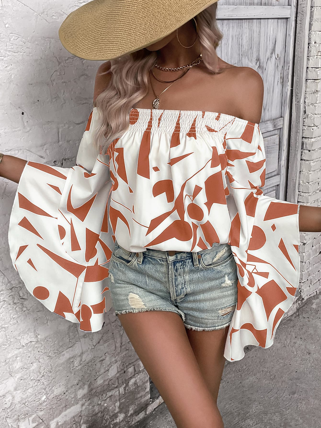 Printed Off - Shoulder Bell Sleeve Blouse - Flip Flop Dynasty