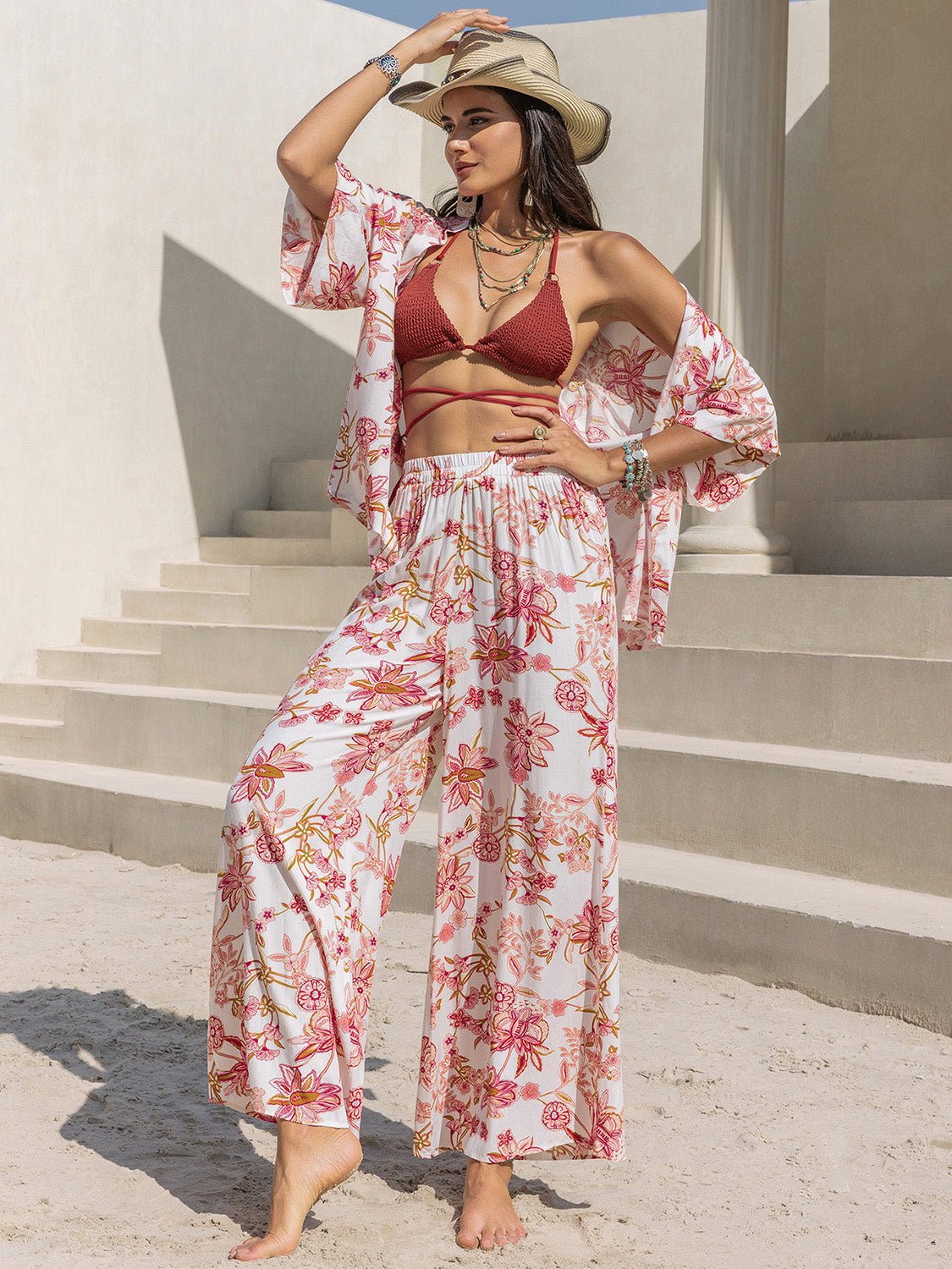 Printed Open Front Half Sleeve Top and Pants Set - Flip Flop Dynasty