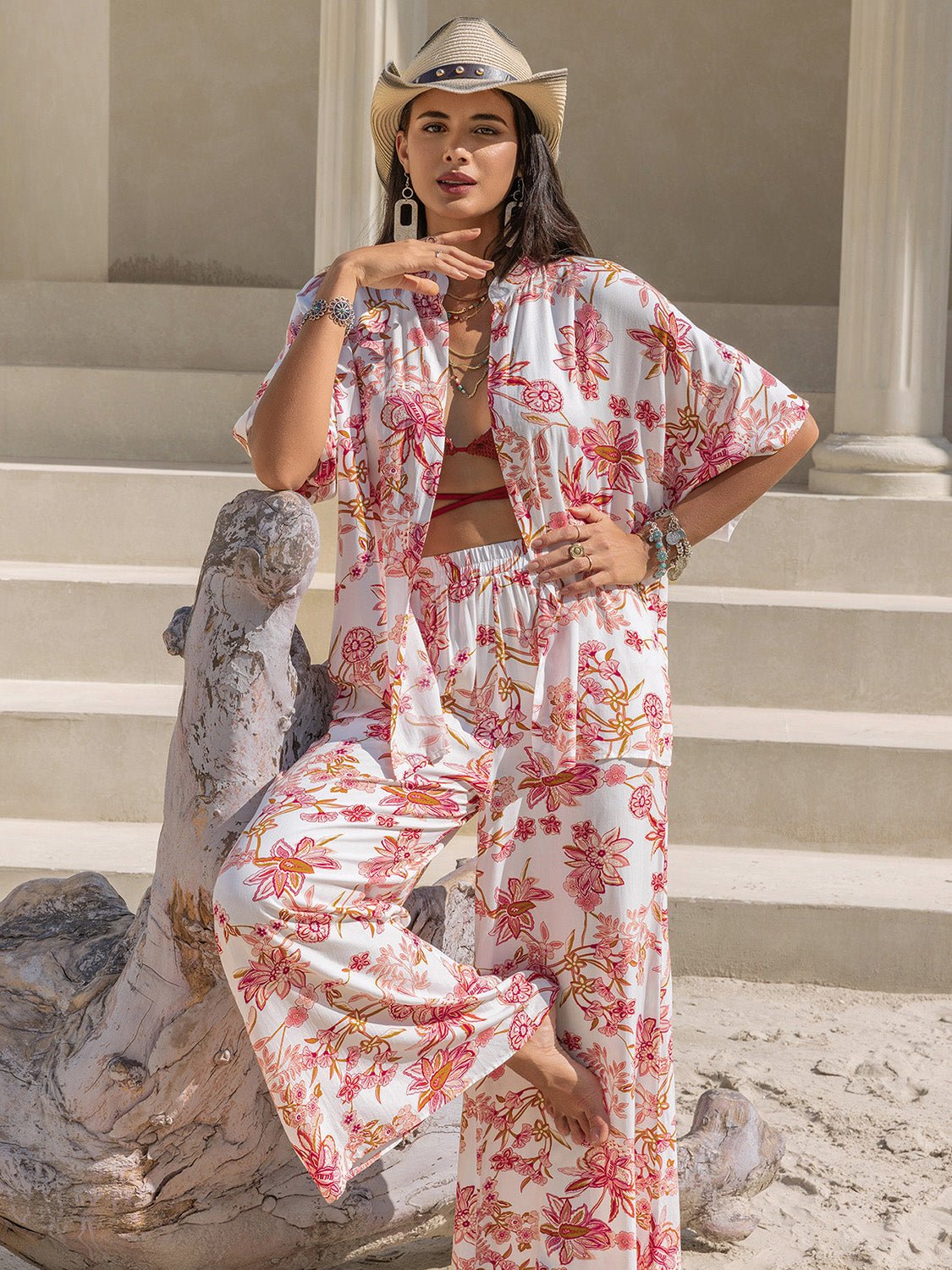 Printed Open Front Half Sleeve Top and Pants Set - Flip Flop Dynasty