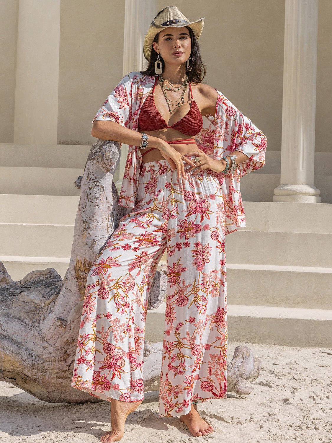 Printed Open Front Half Sleeve Top and Pants Set - Flip Flop Dynasty