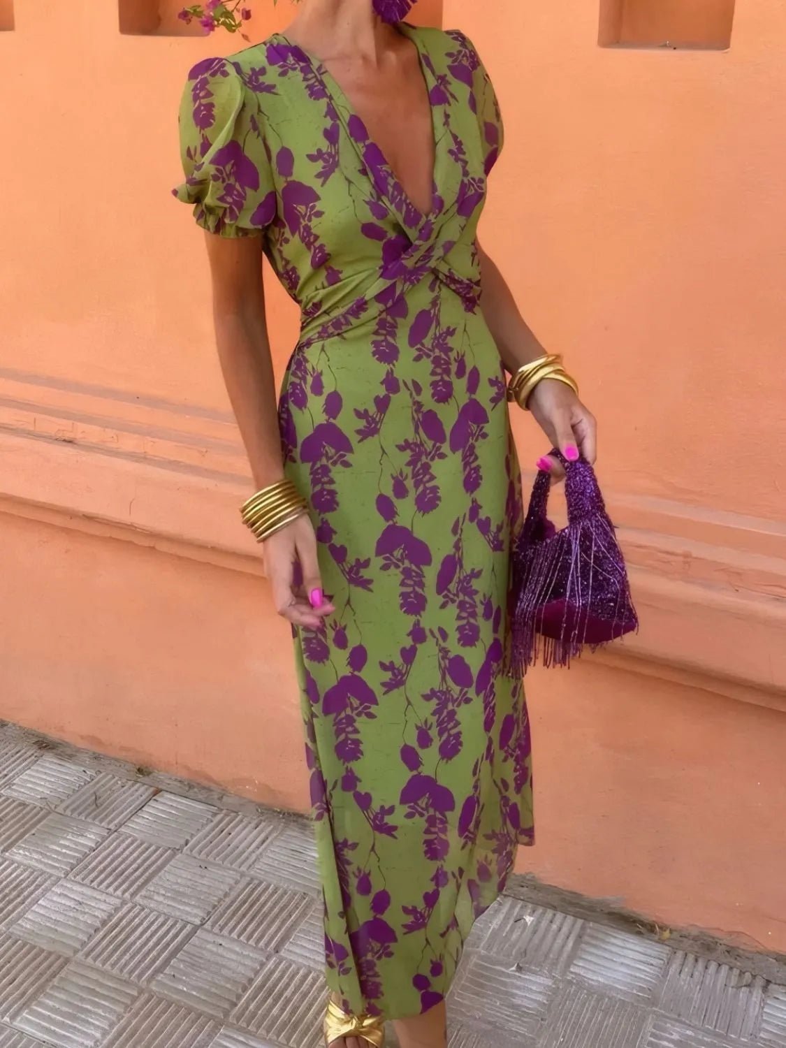 Printed Plunge Short Sleeve Midi Dress - Flip Flop Dynasty