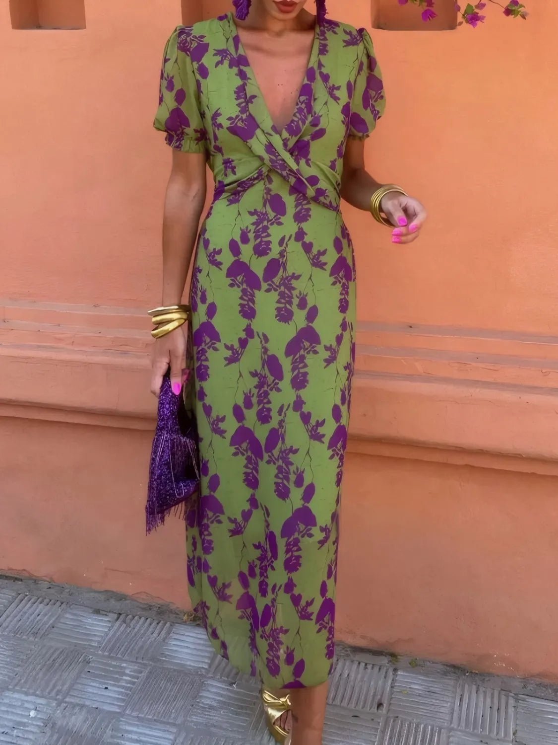 Printed Plunge Short Sleeve Midi Dress - Flip Flop Dynasty
