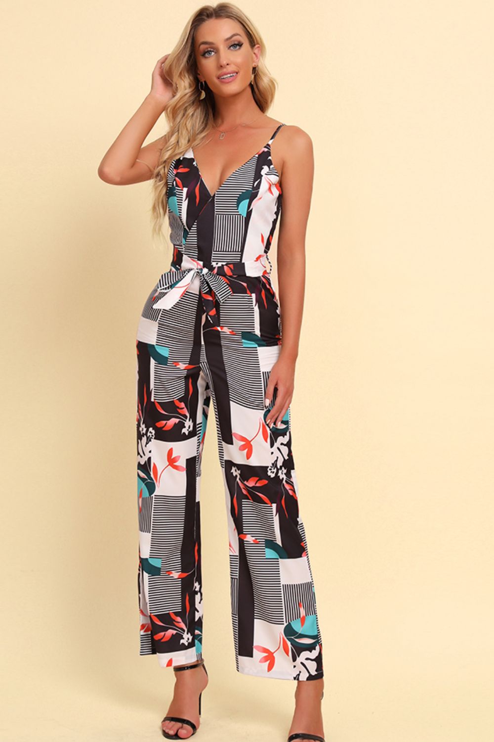 Printed Spaghetti Strap Tied Jumpsuit - Flip Flop Dynasty