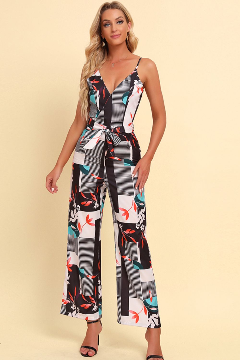 Printed Spaghetti Strap Tied Jumpsuit - Flip Flop Dynasty