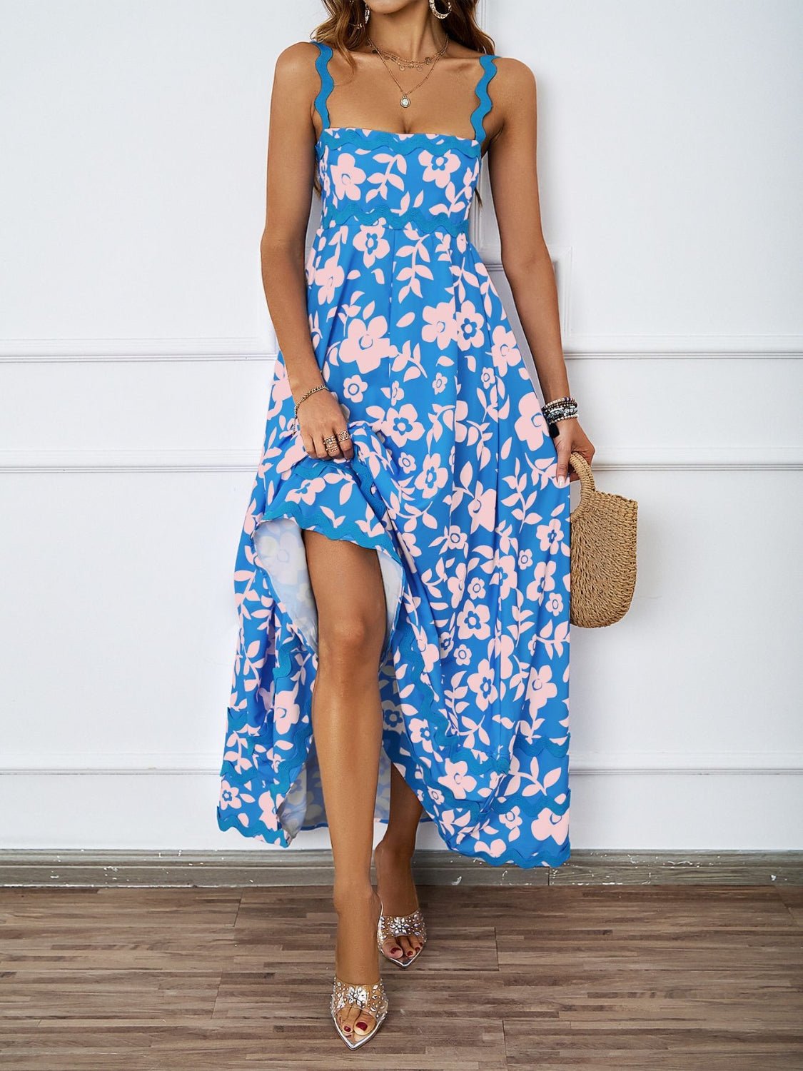 Printed Square Neck Wide Strap Midi Dress - Flip Flop Dynasty