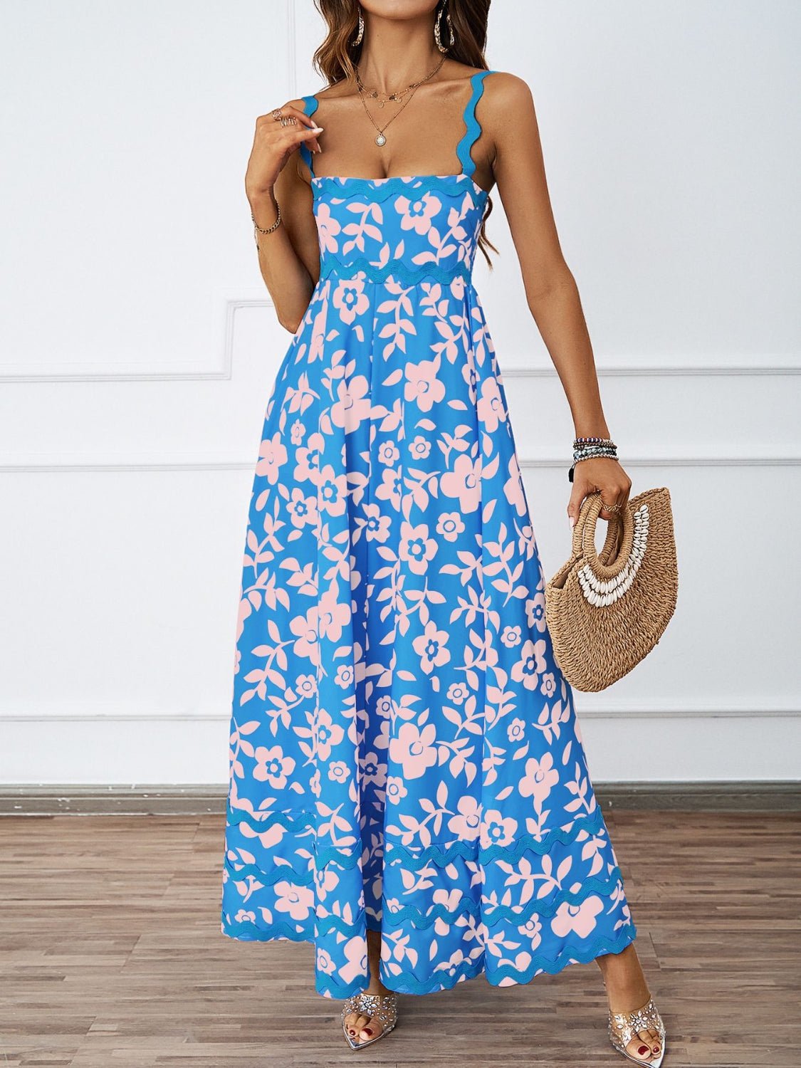 Printed Square Neck Wide Strap Midi Dress - Flip Flop Dynasty