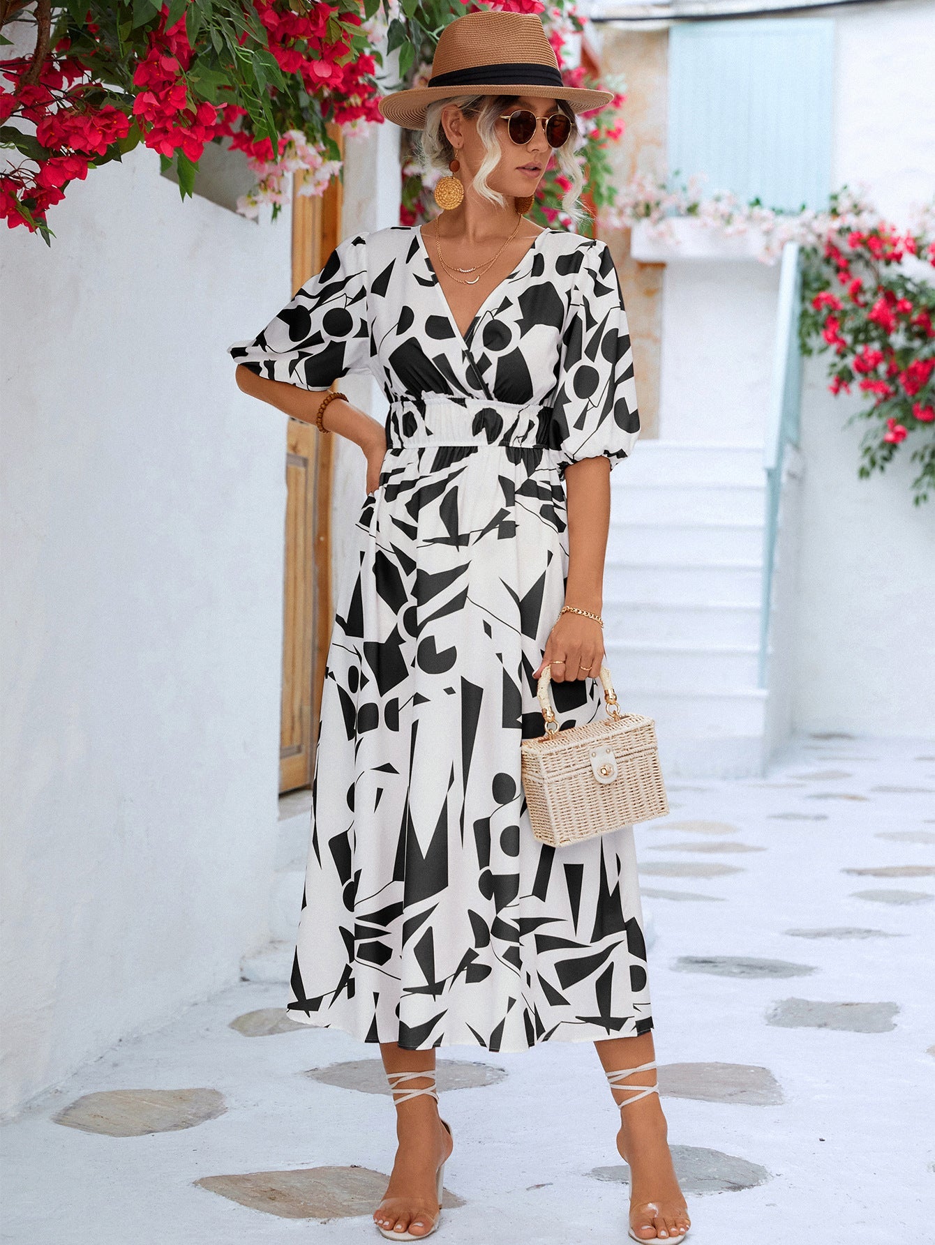 Printed Surplice Balloon Sleeve Dress - Flip Flop Dynasty