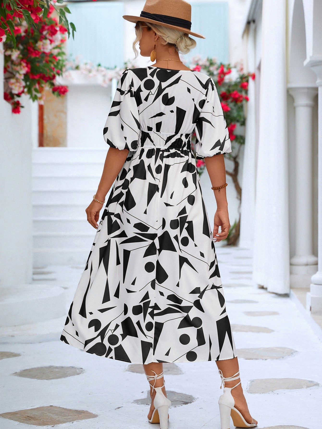 Printed Surplice Balloon Sleeve Dress - Flip Flop Dynasty