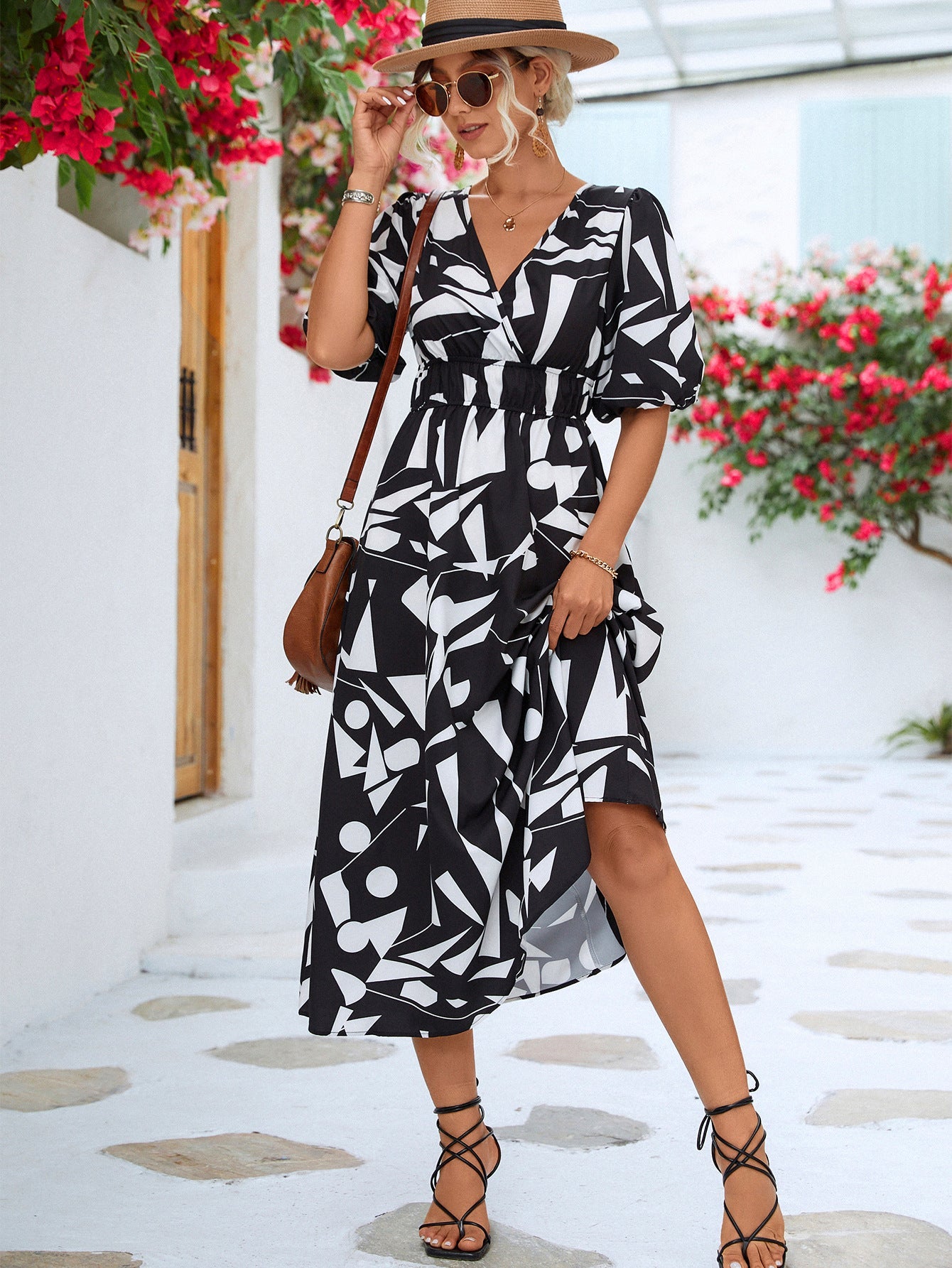 Printed Surplice Balloon Sleeve Dress - Flip Flop Dynasty