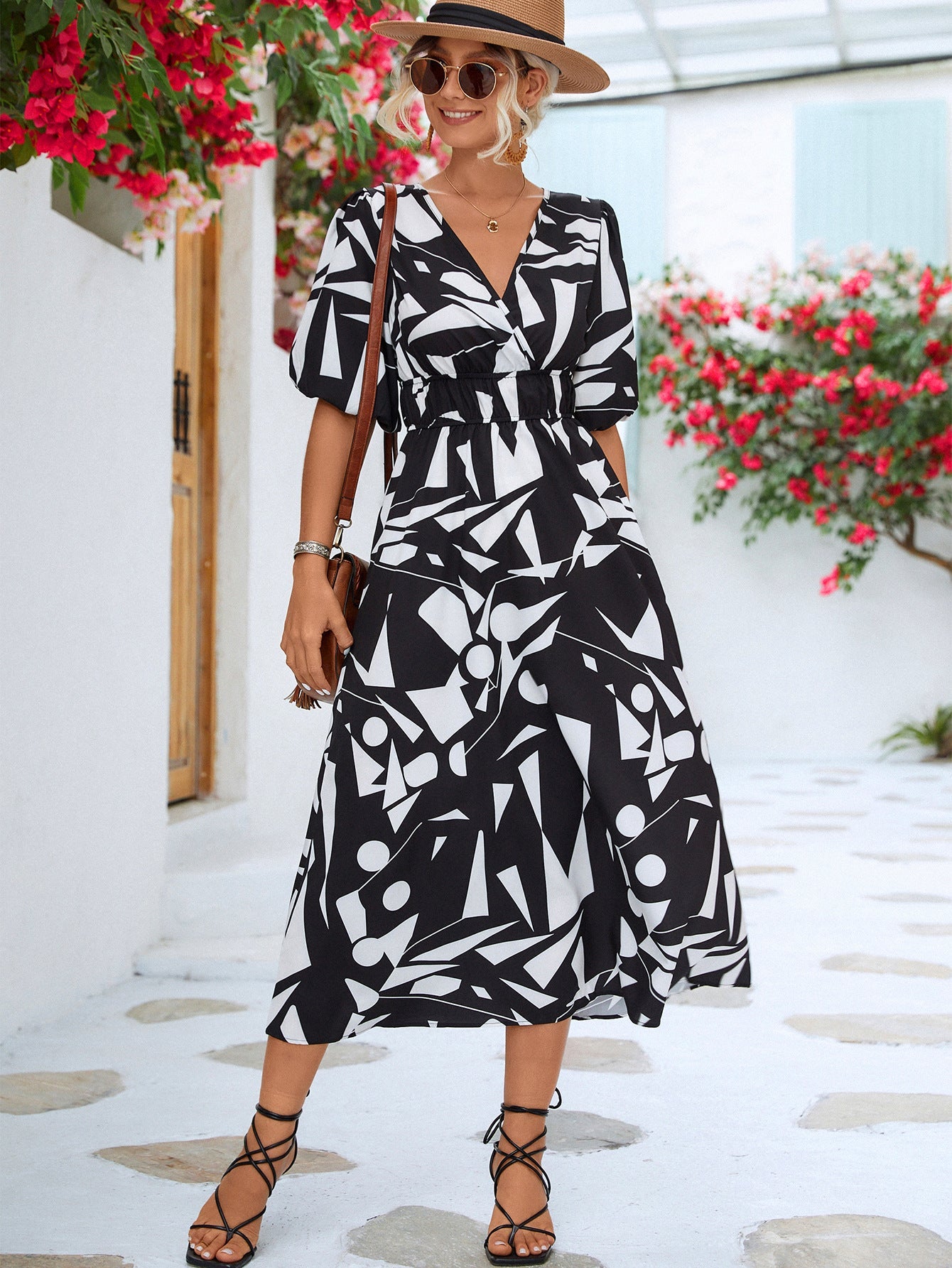 Printed Surplice Balloon Sleeve Dress - Flip Flop Dynasty