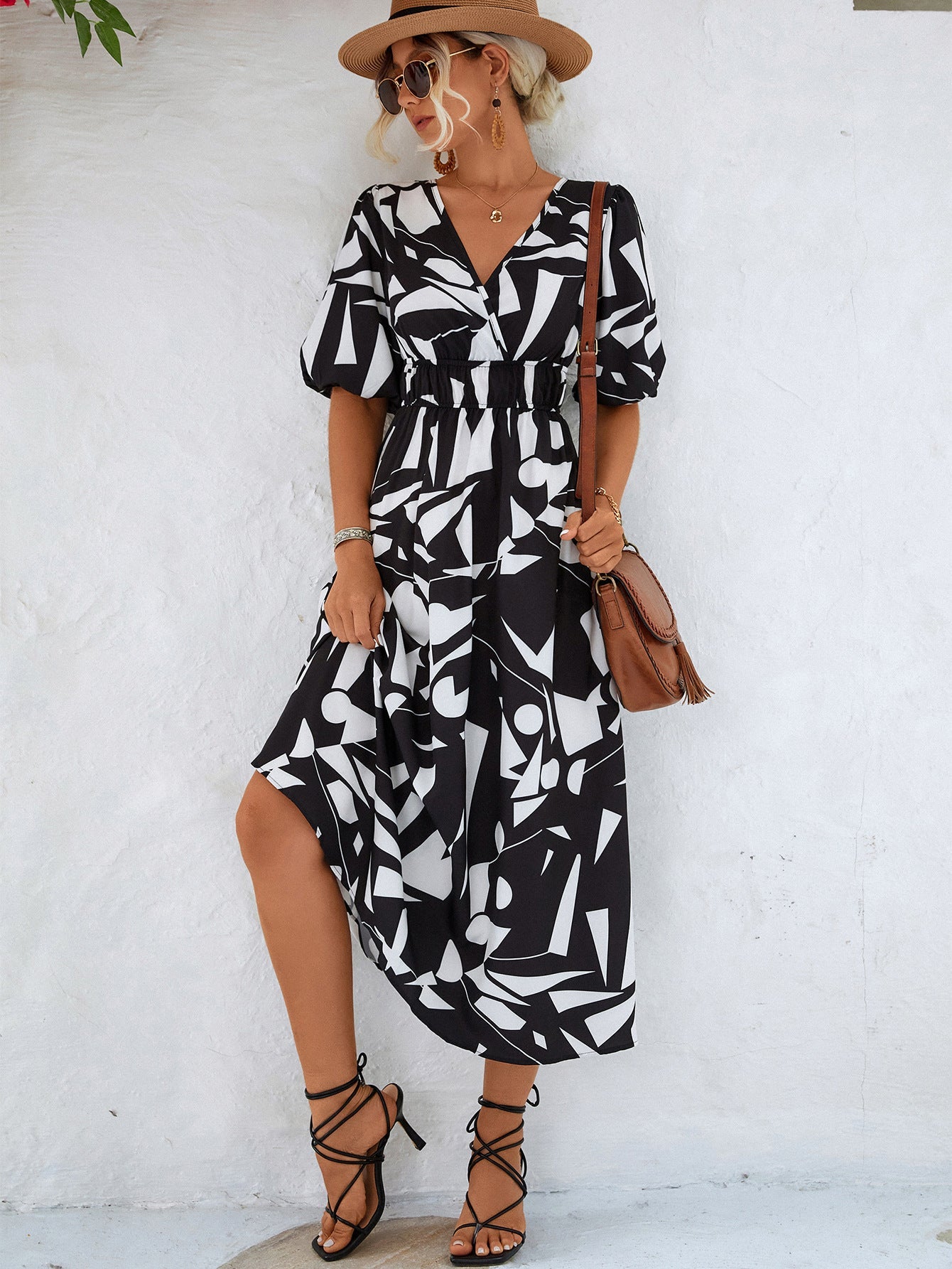 Printed Surplice Balloon Sleeve Dress - Flip Flop Dynasty