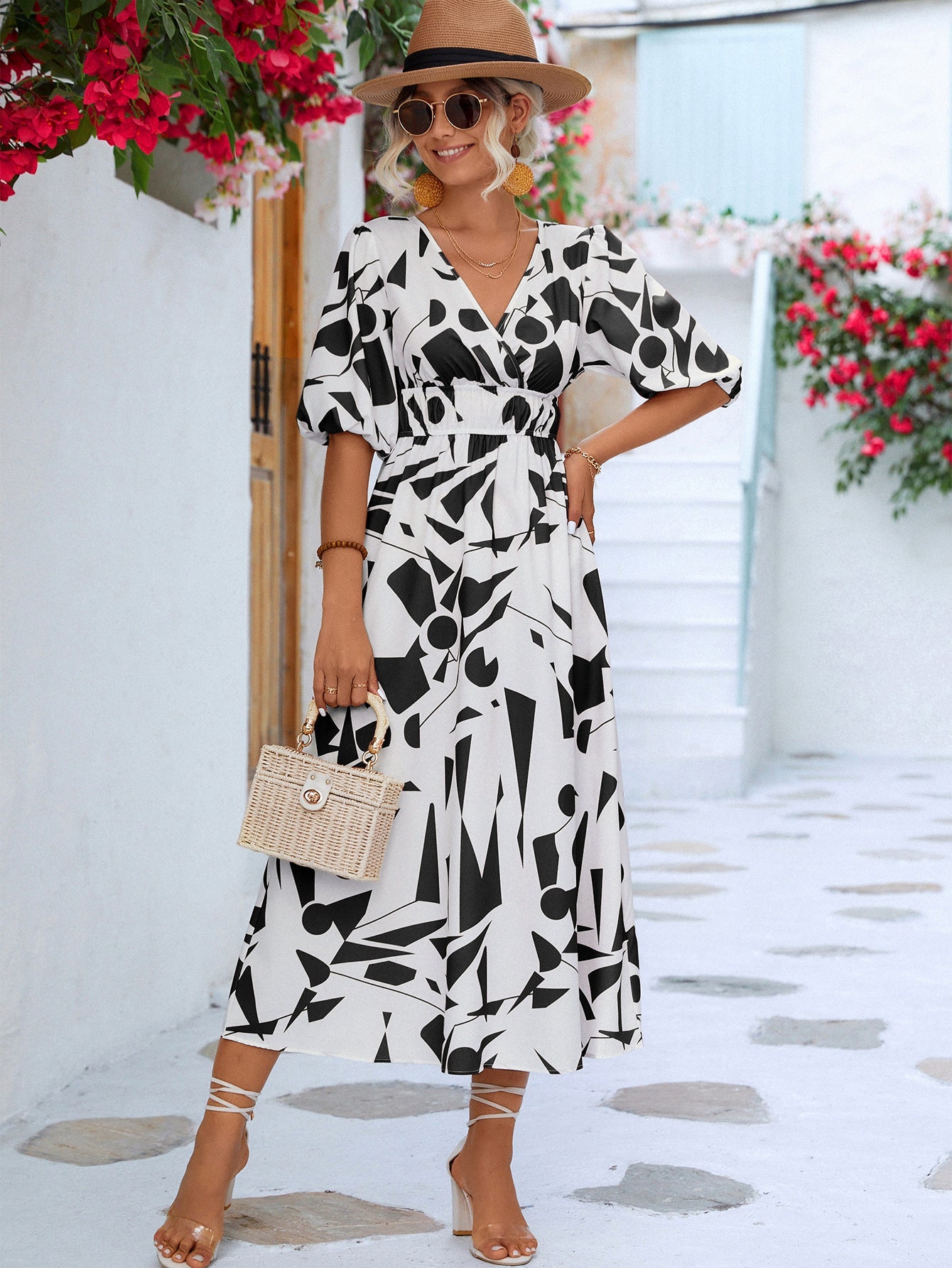 Printed Surplice Balloon Sleeve Dress - Flip Flop Dynasty