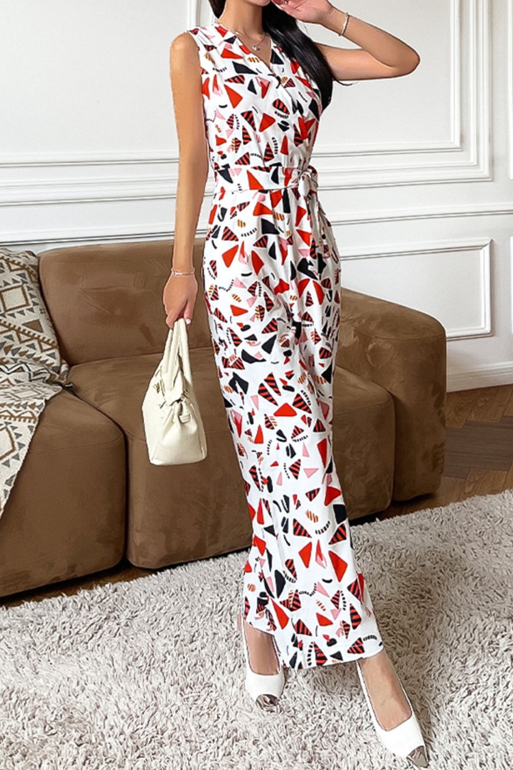 Printed Surplice Neck Sleeveless Jumpsuit - Flip Flop Dynasty