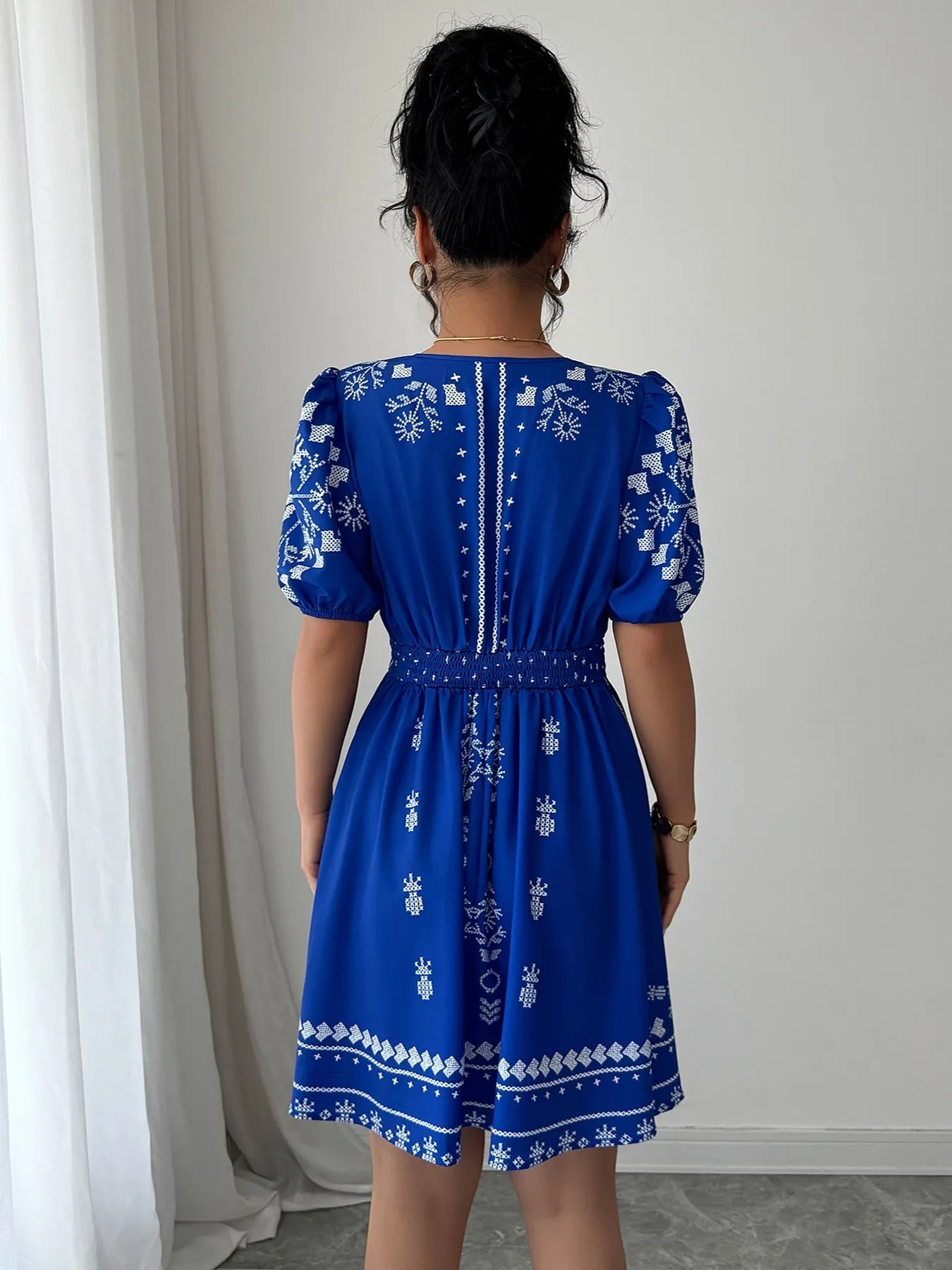 Printed Surplice Puff Sleeve Mini Dress - Flip Flop Dynasty