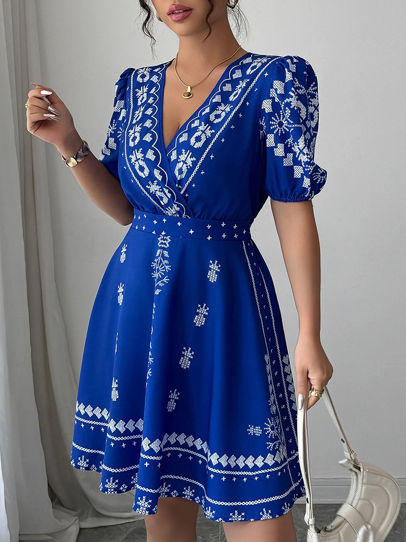 Printed Surplice Puff Sleeve Mini Dress - Flip Flop Dynasty