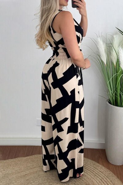 Printed Surplice Sleeveless Tie Waist Jumpsuit - Flip Flop Dynasty