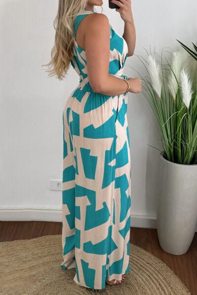 Printed Surplice Sleeveless Tie Waist Jumpsuit - Flip Flop Dynasty