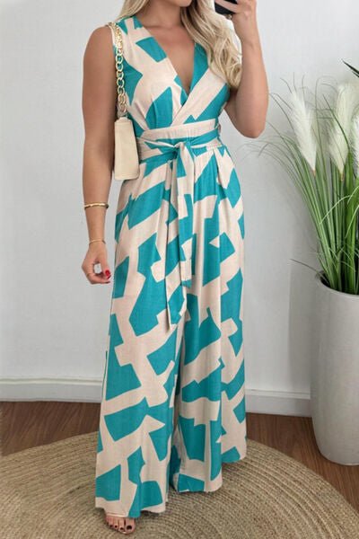 Printed Surplice Sleeveless Tie Waist Jumpsuit - Flip Flop Dynasty