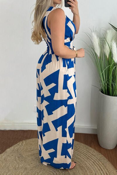 Printed Surplice Sleeveless Tie Waist Jumpsuit - Flip Flop Dynasty