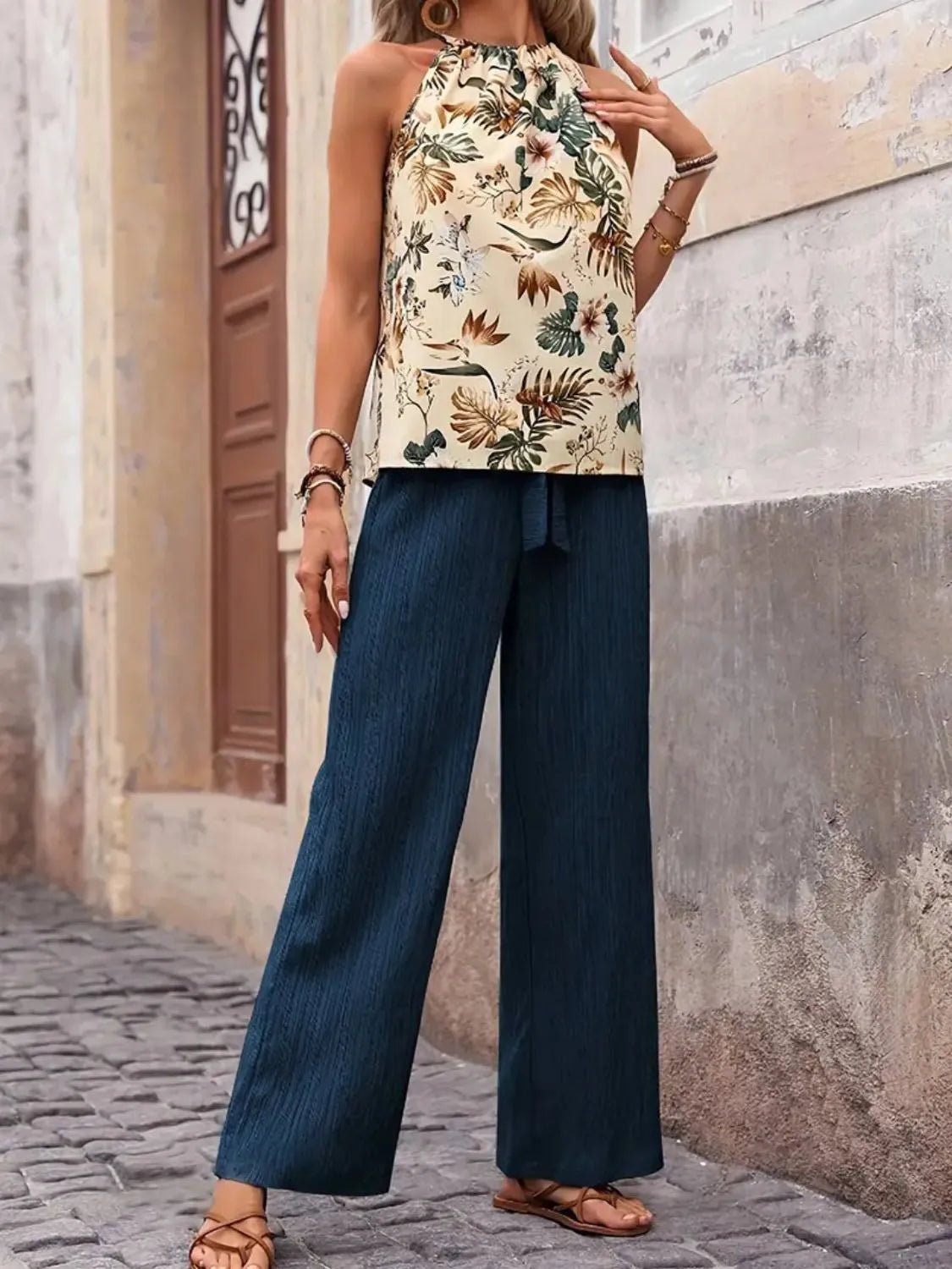 Printed Tank Top and Wide Leg Pants Set - Flip Flop Dynasty