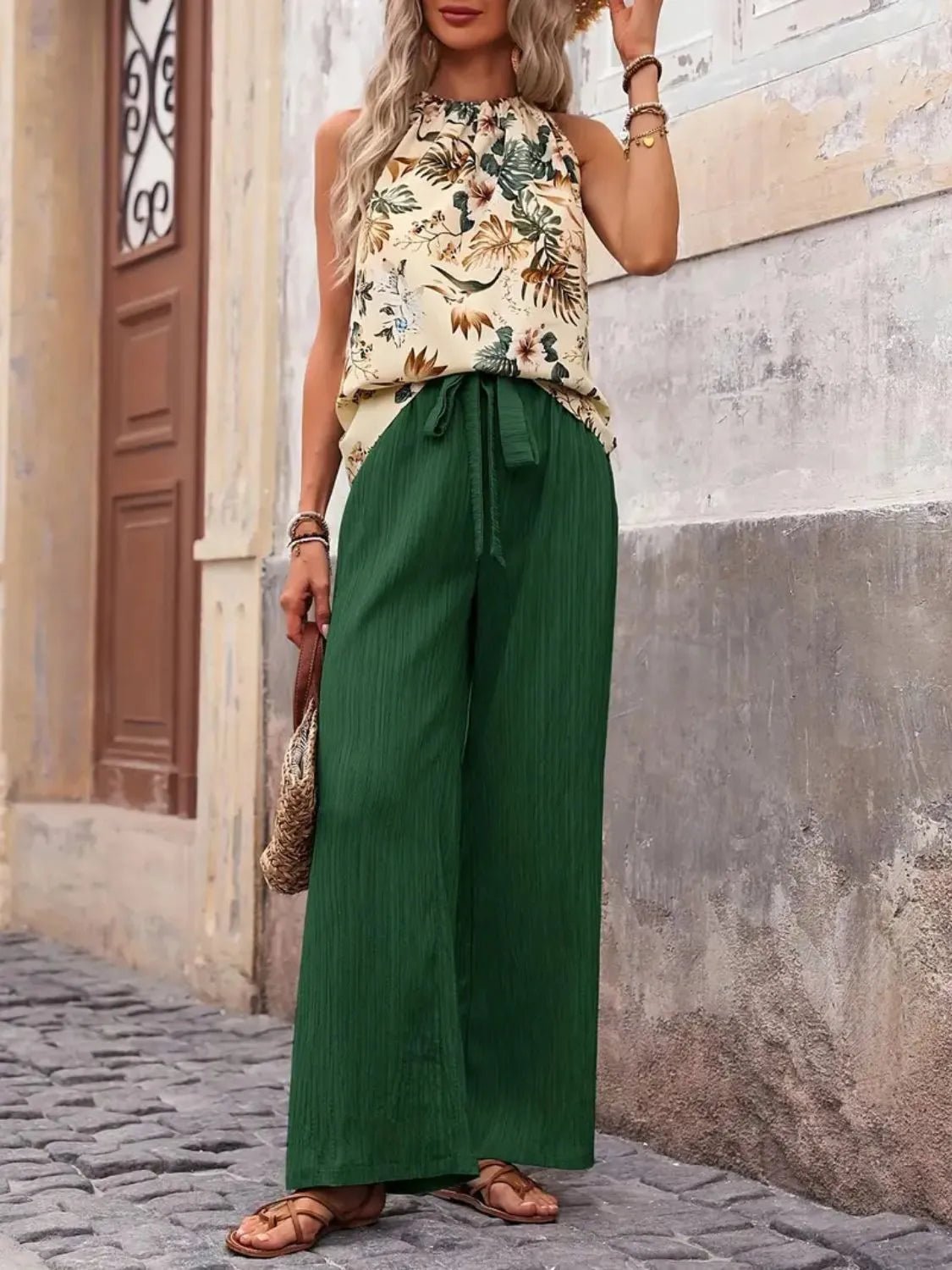 Printed Tank Top and Wide Leg Pants Set - Flip Flop Dynasty