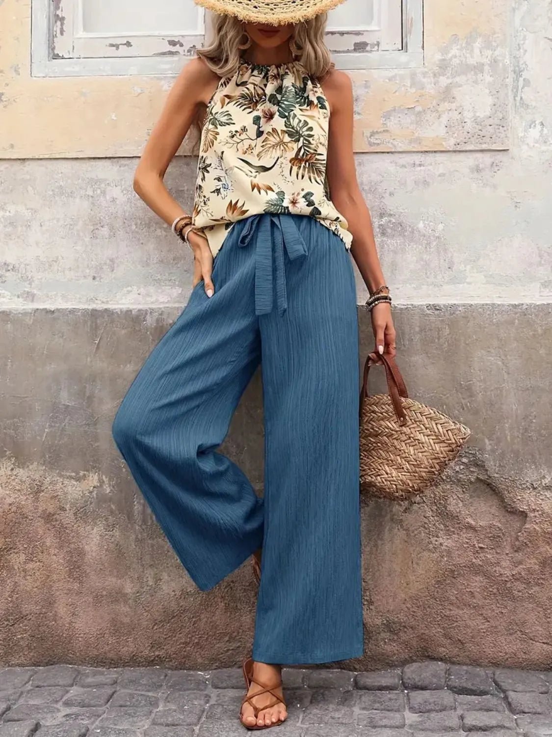 Printed Tank Top and Wide Leg Pants Set - Flip Flop Dynasty