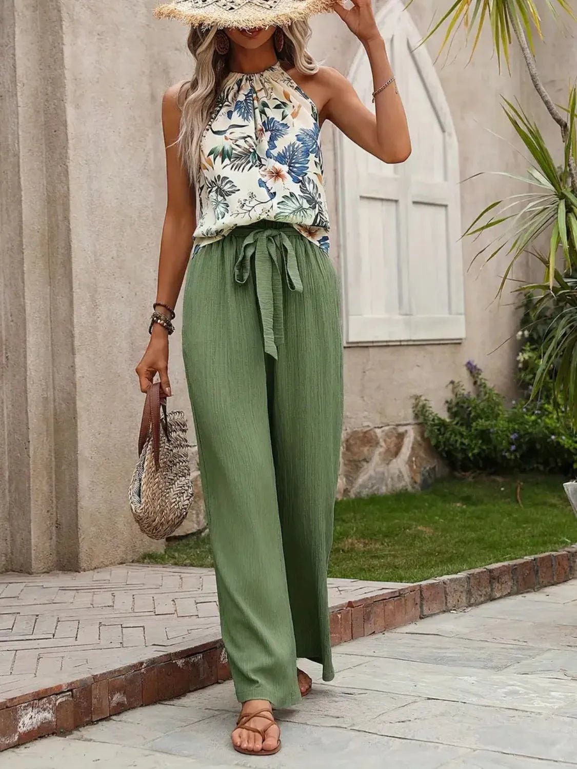 Printed Tank Top and Wide Leg Pants Set - Flip Flop Dynasty